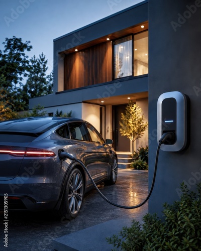 Electric car charging at modern house at dusk