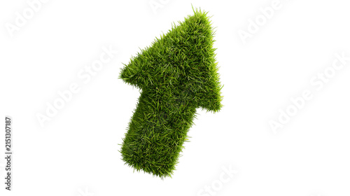 Green grass arrow pointing up on white background, eco friendly growth symbol, natural organic direction sign for sustainability