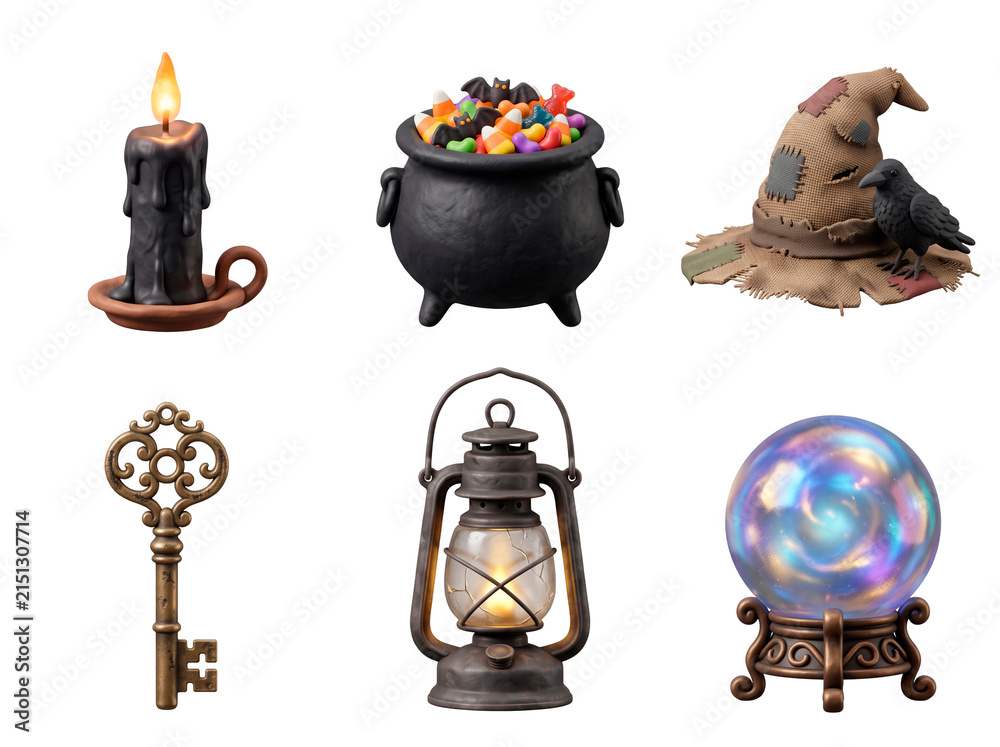 Halloween collection of spooky objects including a cauldron with candy, a witch hat with a crow, a black candle, an antique key, a lantern, and a crystal ball PNG Isolated on transparent background
