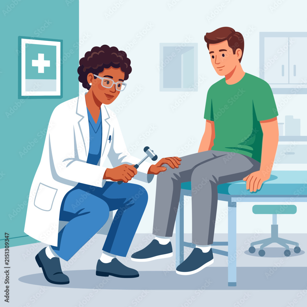 Obraz premium Doctor performs neurological reflex test on patient with reflex hammer in examination room