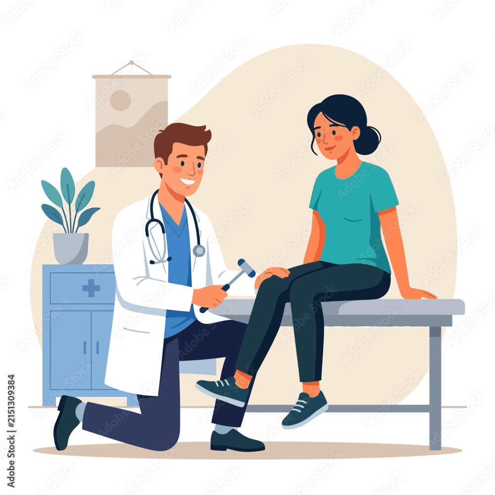 Fototapeta premium Doctor Performing Reflex Test on Patient Knee with Reflex Hammer - Modern Flat Vector Illustration