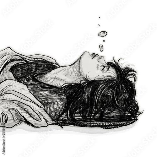 Fotografía Ephemeral Respite: A poignant sketch captures a person in a state of quiet surrender, floating gently with bubbles rising, evoking a sense of release and contemplation