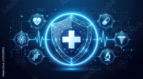 Digital healthcare background with a glowing medical shield icon surrounded by various clinical symbols and abstract data network lines