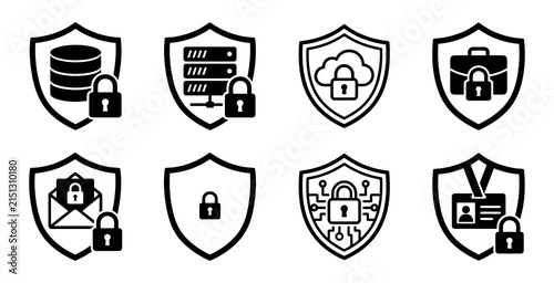 Set of black and white cybersecurity shield icons representing data protection and digital information security concepts