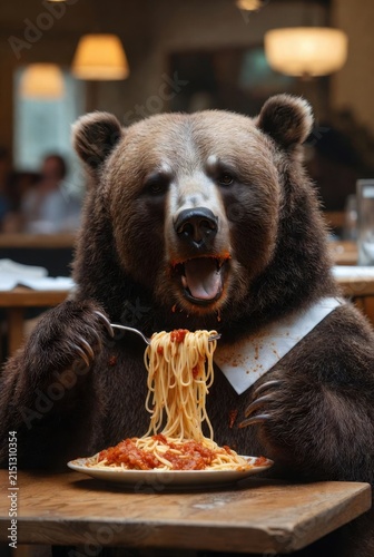 Brown bear eating spaghetti with tomato sauce and fork at a restaurant table