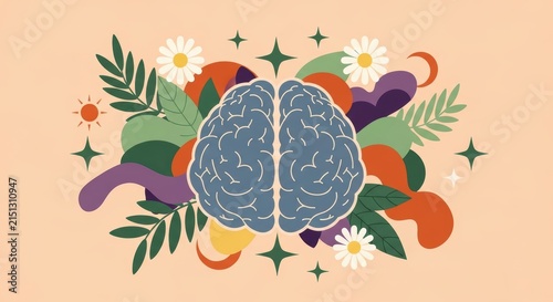 High-quality abstract background featuring a stylized brain, botanical leaves, flowers, and flowing shapes in harmony