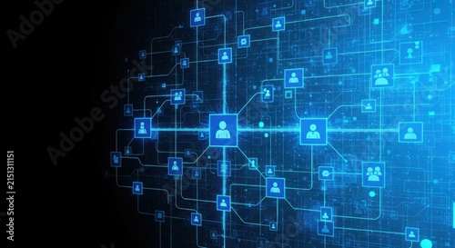 High-resolution split composition graphic design with digital network interface, connected user icons, and futuristic data flow