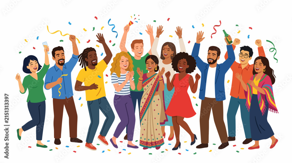Obraz premium Celebration of Diversity: A vibrant group of people from various backgrounds joyfully celebrate together amidst a shower of confetti and streamers, embodying unity and happiness.