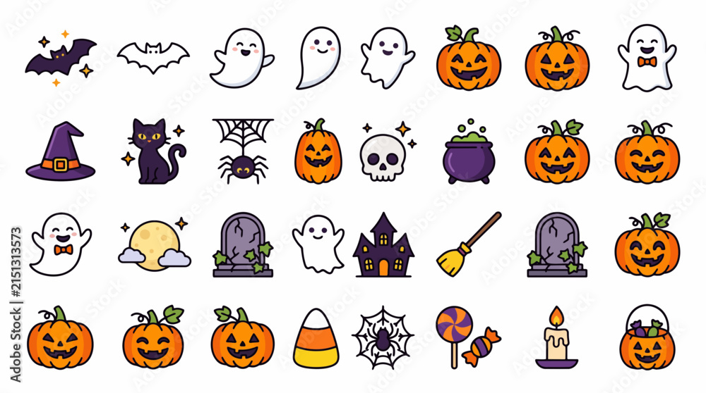 Fototapeta premium Halloween Icons Set: A vibrant collection of classic Halloween symbols, including pumpkins, ghosts, bats, witches' hats, spiders, and candy, perfect for festive designs.
