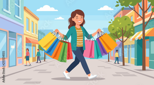 Shopping Spree Delight: A woman joyfully strolls down a bustling street, laden with colorful shopping bags, embodying the thrill of retail therapy and a successful shopping excursion.