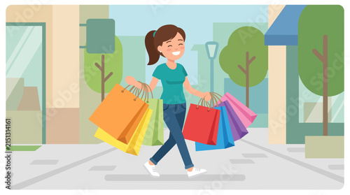 Joyful Shopper Laden with Bags: A woman smiles brightly as she walks down a street, her arms full of colorful shopping bags, symbolizing a successful retail therapy session.