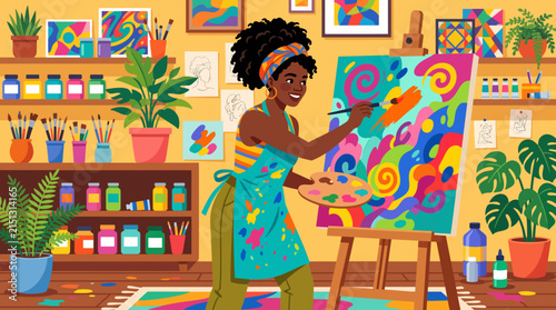 Artistic Creation in Studio: A cheerful artist, a Black woman with an afro, enthusiastically paints a vibrant, abstract masterpiece on a canvas in her sunlit art studio.