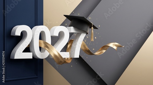 2027 graduation celebration with gold ribbon and cap