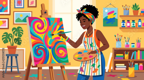 Vibrant Creation: An artist joyfully paints a colorful abstract masterpiece on an easel in a bright, well-lit studio, surrounded by art supplies and finished works.