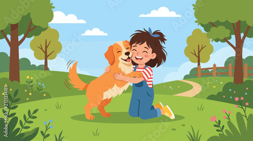 A Girl's Best Friend: A joyful girl hugs her golden retriever dog in a park on a sunny day.