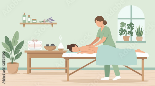 Relaxation Therapy: A professional massage therapist provides a soothing treatment to a client lying on a massage table in a serene spa environment, promoting wellness and stress relief.