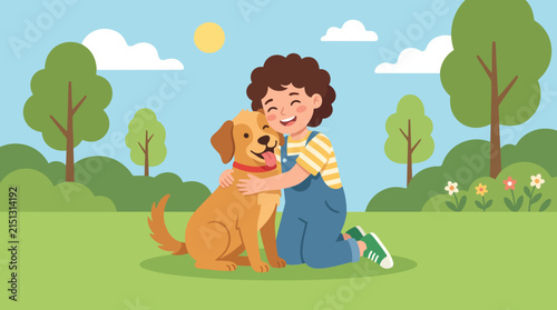 Joyful Embrace: A young boy kneels in a sun-drenched park, sharing a heartwarming hug with his beloved golden retriever. The scene is filled with innocence and the pure joy of companionship.