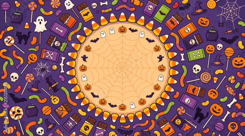 Spooky Halloween Candy Collage: A vibrant and playful collage featuring an array of classic Halloween treats, spooky characters, and festive icons arranged in a circular pattern.
