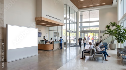 Modern hospital lobby interior with a large blank digital display screen for information.