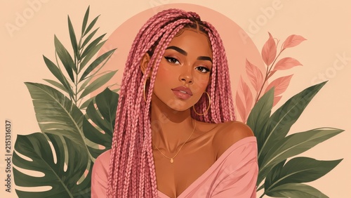Stylish woman with pink braids and tropical leaves in soft pastel tones