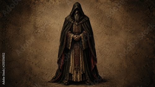 Mysterious robed figure with long beard stands in antique style