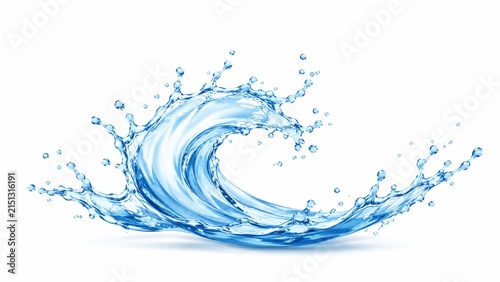 Dynamic blue water wave splash with droplets isolated on white background