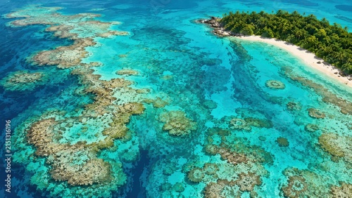 Aerial view of a tropical island with vibrant coral reefs and clear turquoise waters