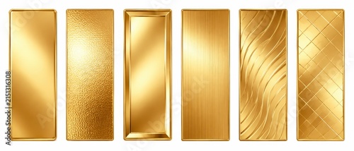 Collection of six rectangular golden bars with different textures and finishes