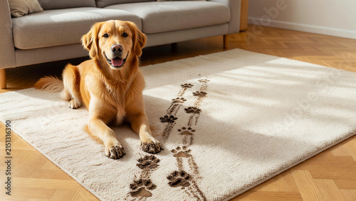 Golden retriever leaving muddy paw prints on cream carpet, pet ownership challenge and home cleaning concept