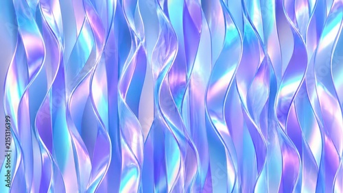 Iridescent holographic ribbons flowing in a vertical pattern with blue hues
