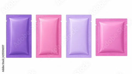 Four colorful sachets, two purple and two pink, arranged in a row