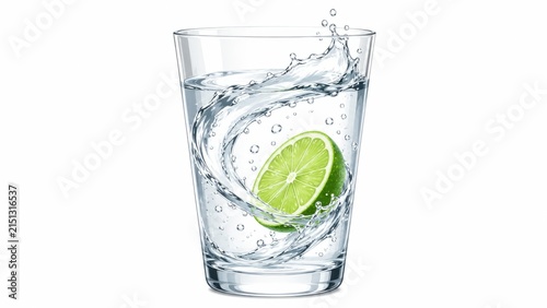 Refreshing glass of water with a lime slice and dynamic splash