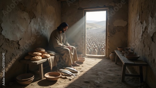 Jesus seated beside five loaves and two fish in a tiny home before feeding the multitude outside