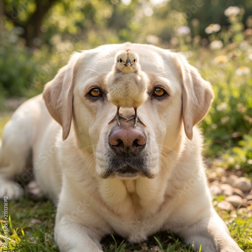 Small fluffy chick standing on bridge of nose of attentive labrador dog in sunny garden.
