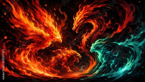 Mythical creatures of fire and ice clash in a dramatic elemental battle