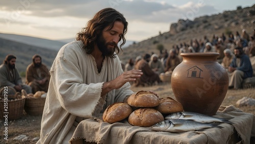 Jesus blessing five loaves and two fish beside a household water jar painted with a tiny home symbol