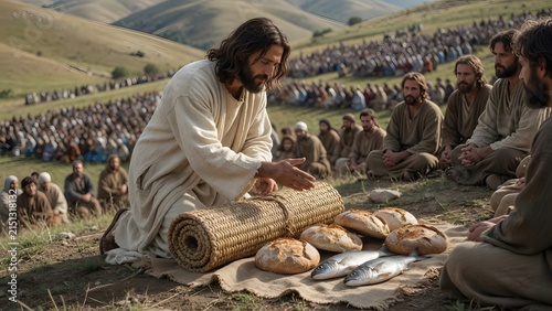 Jesus blessing five loaves and two fish beside a rolled sleeping mat from a small home