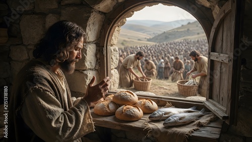 Jesus blessing five loaves and two fish beside a small arched window frame carried from a humble home