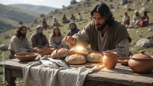 Jesus blessing five loaves and two fish beside a single clay cup from a humble family table