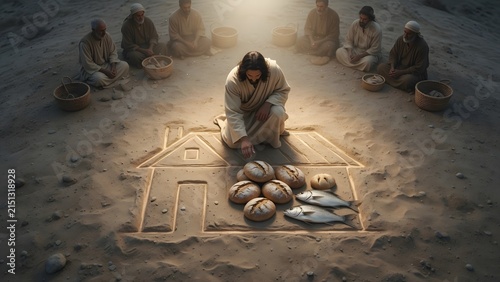 Jesus blessing five loaves and two fish as a simple house outline appears in the surrounding dust
