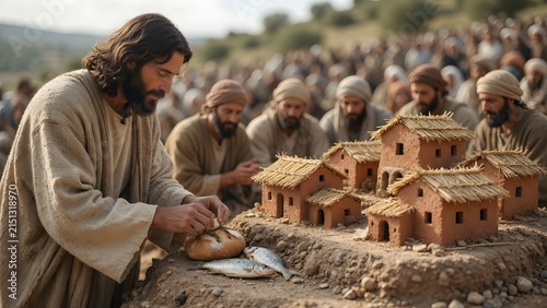 Jesus blessing bread and fish beside a cluster of tiny house models made from clay and straw