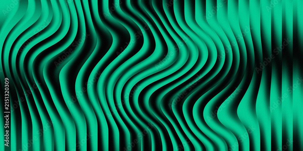 Fototapeta premium Abstract background, with vertical teal, lines showing a, pronounced wave distortion, effect creating a, rhythmic pattern on, a dark black backdrop