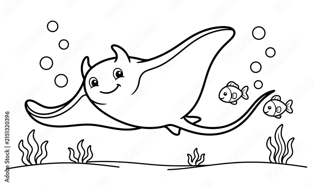 Obraz premium Cartoon manta ray swimming with small fish in underwater scene isolated on transparent background, isolated on white background, Vector See animal coloring page design editable vector design 2026