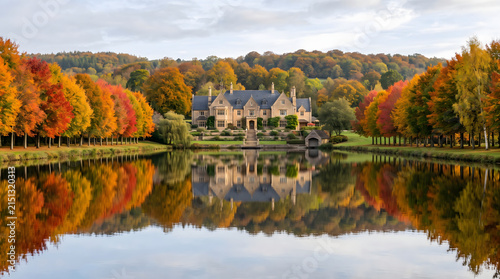 Picturesque luxury manor estate reflecting on a placid lake framed by stunning autumn trees vibrant red orange yellow foliage a serene landscape representing wealth tranquility elegance and