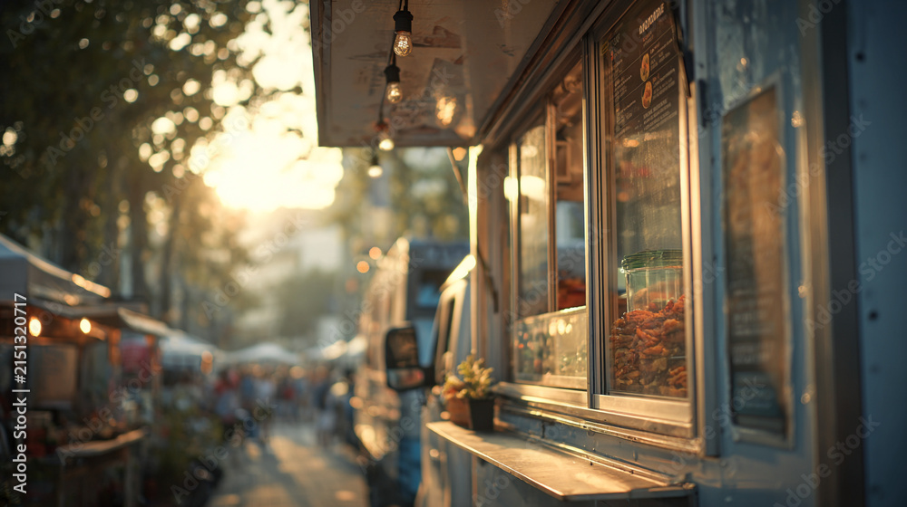 Fototapeta premium Food truck parked on a city street at sunset with bokeh lighting.