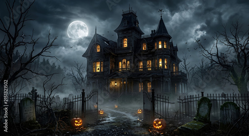 Fototapeta kuchenna Spooky haunted house under full moon on a dark night, Halloween background illustration