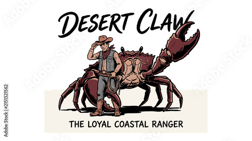 Canvas Print Vintage Retro Cowboy Ranger and Giant Desert Crab Illustration with Desert Claw