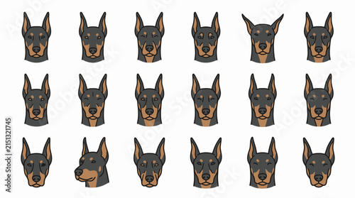 Doberman pinscher dog head icon collection with various expressions