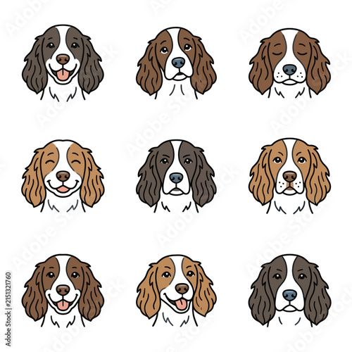 Spaniel dog head emoji collection with various coat colors