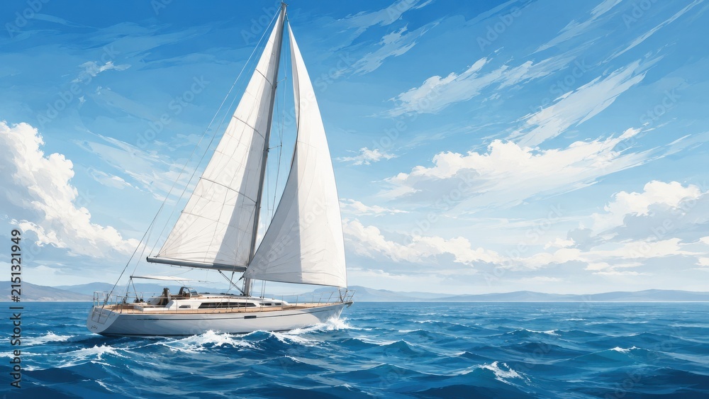 Fototapeta premium White sailboat glides across a vast blue ocean under a cloudy sky